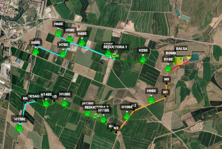 Neptune Water App irrigation network map with pumps, valves and zones